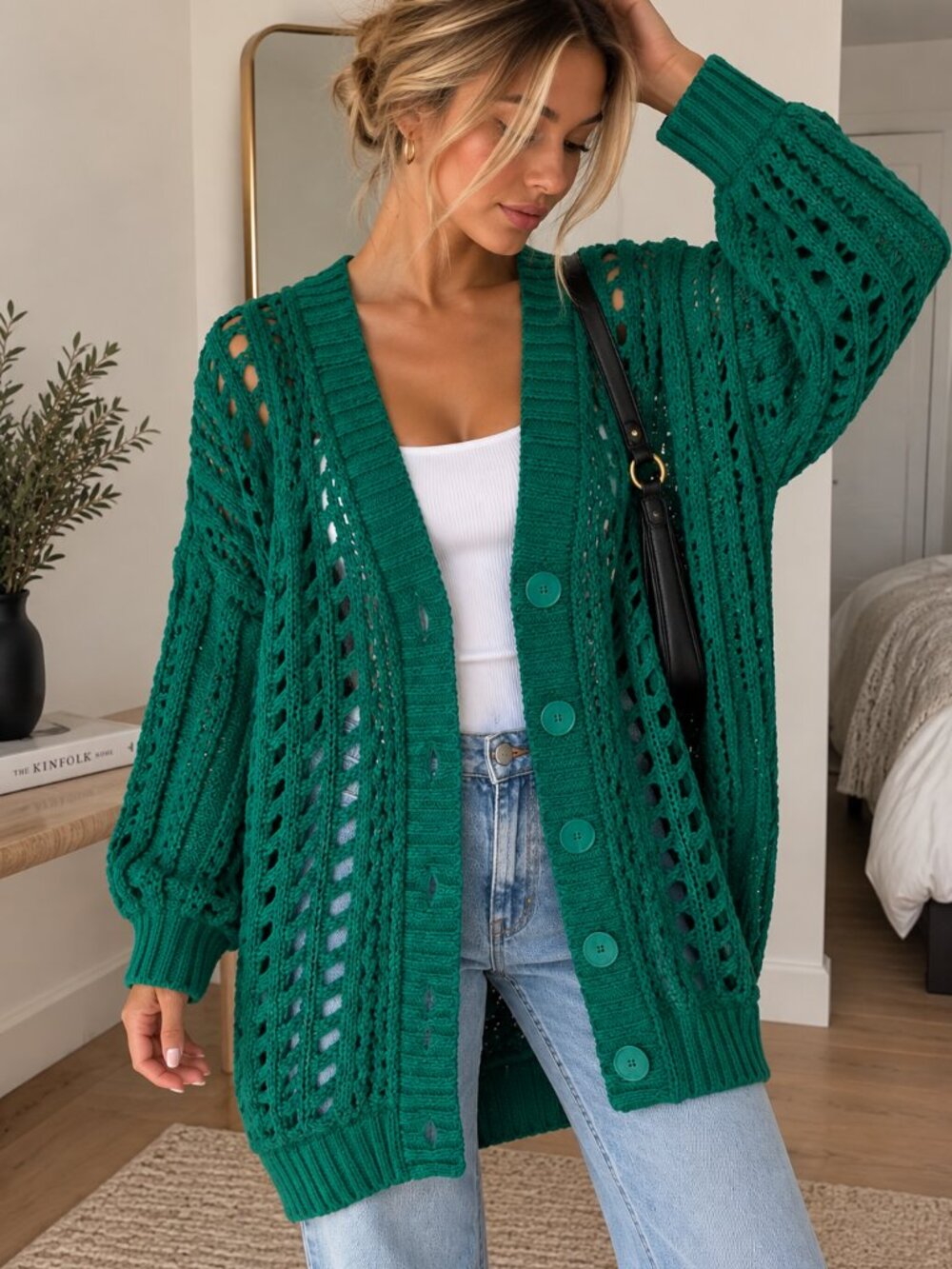 Maeve Anthropologie Teal Open Stitch Oversized Long Cardigan Sweater Small